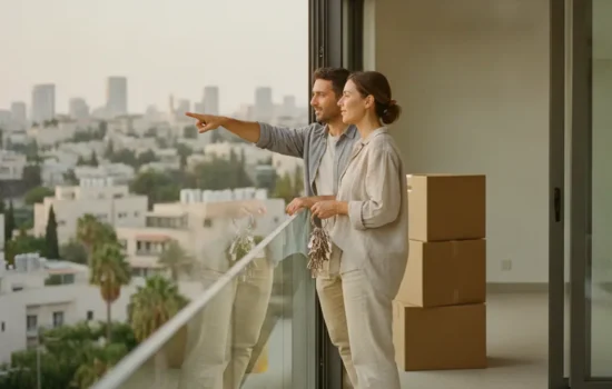 זוג צעיר במרפסת של דירה חדשה מחזיק צרור מפתחות ומביט על נוף עירוני