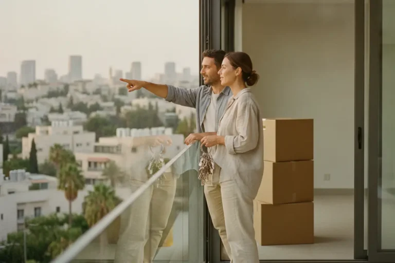 זוג צעיר במרפסת של דירה חדשה מחזיק צרור מפתחות ומביט על נוף עירוני
