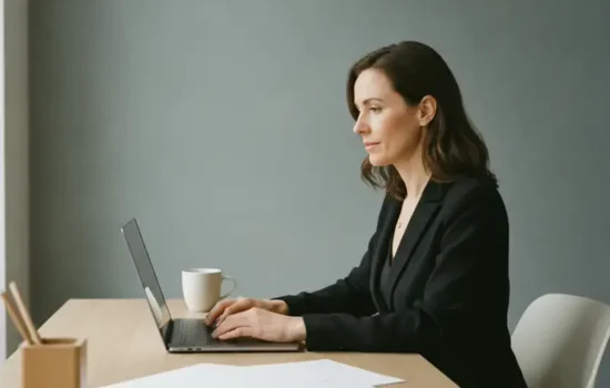 אישה יושבת בעמדת עבודה ביתית מול מחשב נייד לקראת דיון מרחוק בבית המשפט לענייני משפחה
