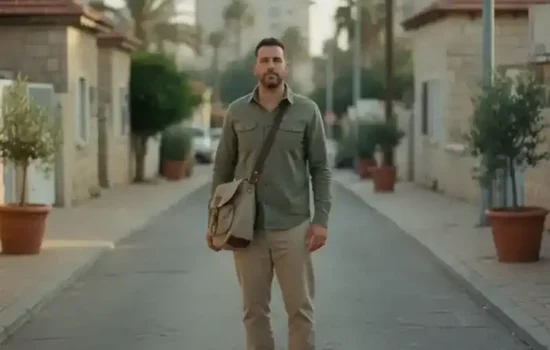 גבר בשנות השלושים עומד ברחוב מגורים ישראלי שקט באור בוקר עם תיק כתף, על רקע פגיעה שהתגלתה אחרי ימי המילואים
