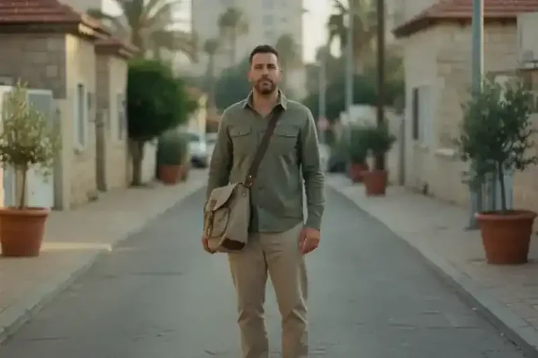 גבר בשנות השלושים עומד ברחוב מגורים ישראלי שקט באור בוקר עם תיק כתף, על רקע פגיעה שהתגלתה אחרי ימי המילואים
