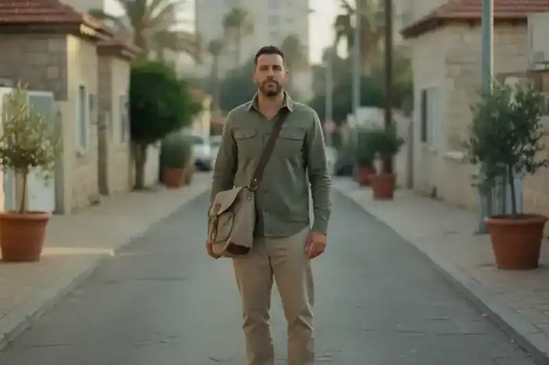 גבר בשנות השלושים עומד ברחוב מגורים ישראלי שקט באור בוקר עם תיק כתף, על רקע פגיעה שהתגלתה אחרי ימי המילואים