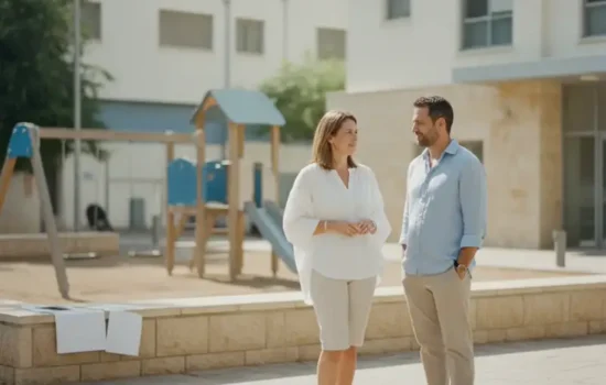 שני הורים משוחחים ברחוב ליד מוסד חינוכי עם מתקן משחקים ברקע, לאחר תאונה של ילד בגן