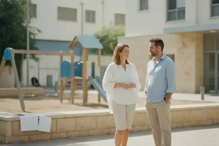 שני הורים משוחחים ברחוב ליד מוסד חינוכי עם מתקן משחקים ברקע, לאחר תאונה של ילד בגן