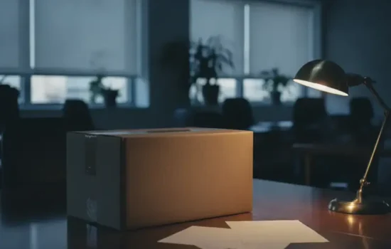 ארגז קרטון סגור על שולחן משרדי בסוף יום