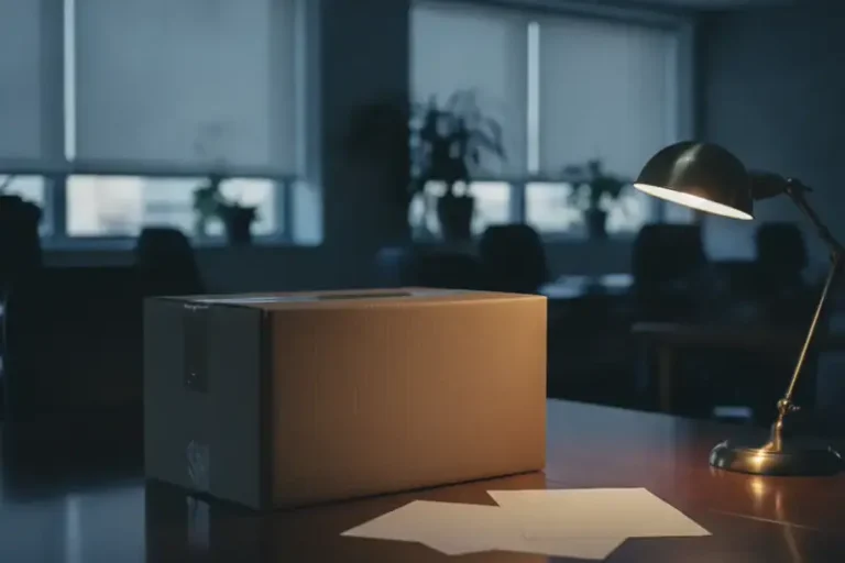 ארגז קרטון סגור על שולחן משרדי בסוף יום