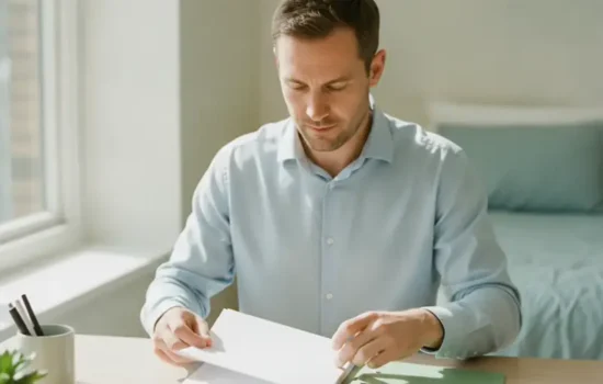 עצמאי יושב בשולחן עבודה ביתי ומסדר מסמכים בתיקייה לצורך הסדרת רישום בביטוח לאומי
