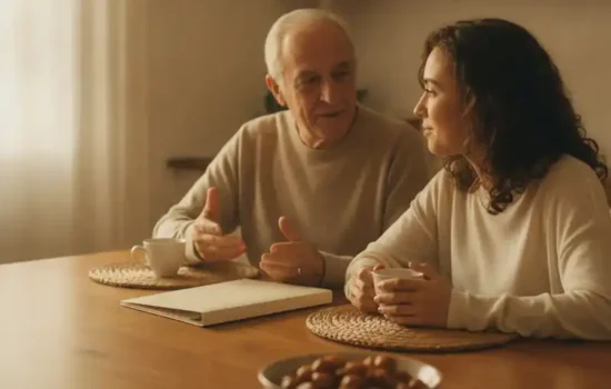 אב מבוגר ובת בוגרת משוחחים סביב שולחן מטבח עם תיקייה סגורה