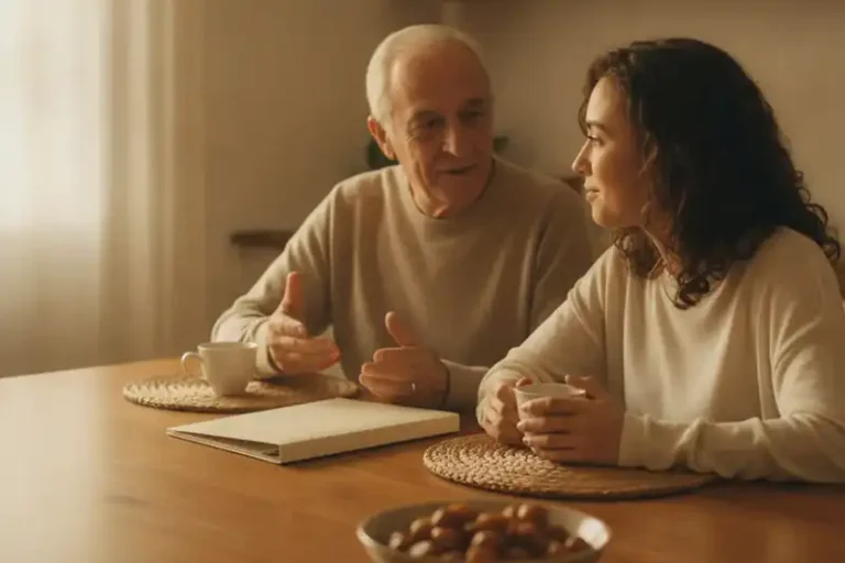 אב מבוגר ובת בוגרת משוחחים סביב שולחן מטבח עם תיקייה סגורה