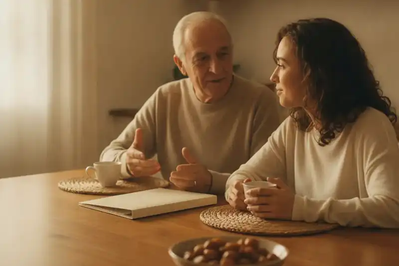 אב מבוגר ובת בוגרת משוחחים סביב שולחן מטבח עם תיקייה סגורה
