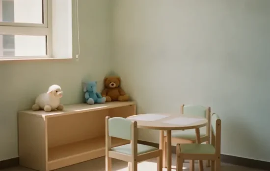 חדר מפגשים משפחתי ריק ומסודר עם צעצועים על מדף נמוך