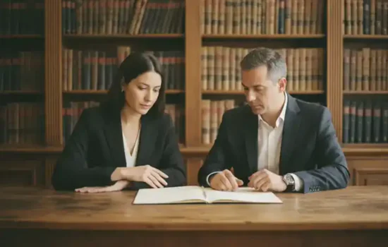 שני אנשים יושבים לשולחן עץ במשרד עורכי דין ומעיינים יחד במסמך ריק, על רקע מינוי בעל תפקיד זמני לעיזבון