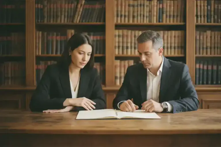 שני אנשים יושבים לשולחן עץ במשרד עורכי דין ומעיינים יחד במסמך ריק, על רקע מינוי בעל תפקיד זמני לעיזבון