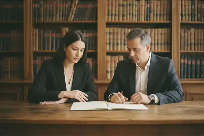 שני אנשים יושבים לשולחן עץ במשרד עורכי דין ומעיינים יחד במסמך ריק, על רקע מינוי בעל תפקיד זמני לעיזבון