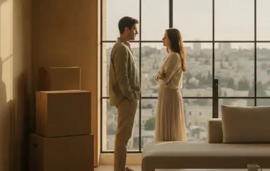זוג עומד ומשוחח בסלון דירה עם קרטונים ליד החלון, בהקשר של המשך מגורים אחרי תום חוזה שכירות