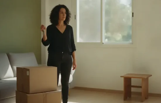 שוכרת עומדת בסלון מואר ליד ארגזי מעבר ומחזיקה מפתחות לפני יציאה מוקדמת מהדירה
