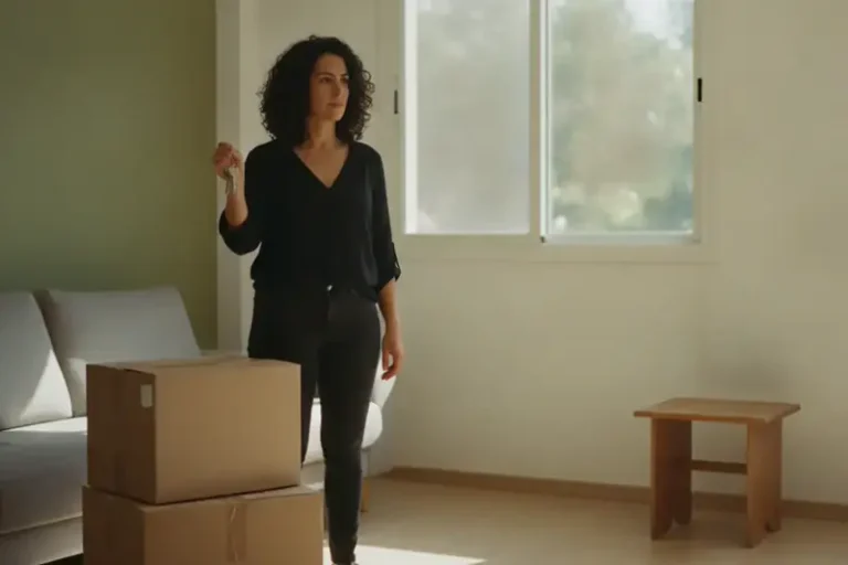 שוכרת עומדת בסלון מואר ליד ארגזי מעבר ומחזיקה מפתחות לפני יציאה מוקדמת מהדירה