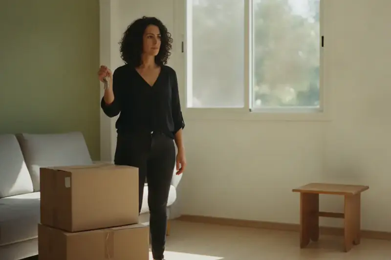 שוכרת עומדת בסלון מואר ליד ארגזי מעבר ומחזיקה מפתחות לפני יציאה מוקדמת מהדירה