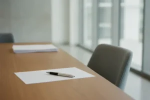 עט מונח לצד דף ריק על שולחן ישיבות