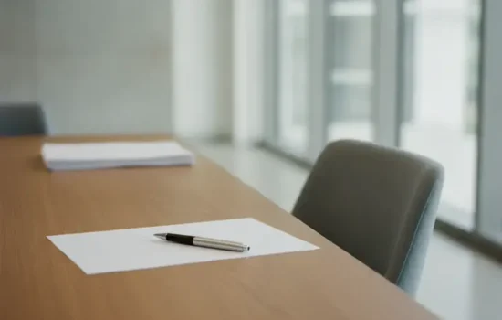 עט מונח לצד דף ריק על שולחן ישיבות