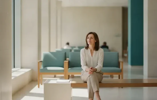 אישה יושבת על ספסל באזור המתנה מוסדי מואר