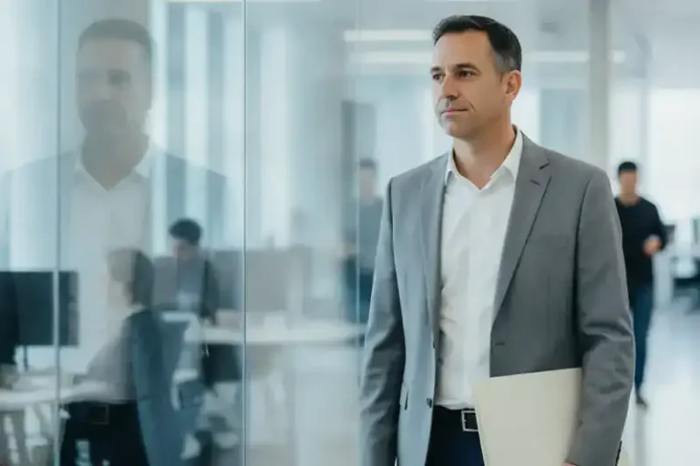 עובד בשנות הארבעים עומד ליד מחיצת זכוכית במשרד מואר עם תיקייה סגורה ביד, לאחר שינוי חד צדדי בתפקיד ובשכר