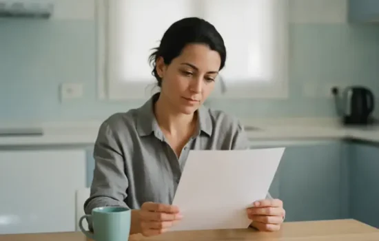 עובדת יושבת לשולחן מטבח מואר ובוחנת מסמך, בודקת אילו ניכויים בוצעו משכרה