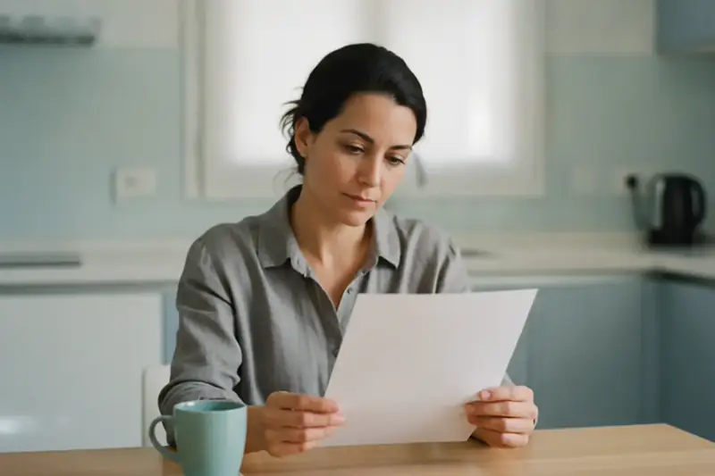 עובדת יושבת לשולחן מטבח מואר ובוחנת מסמך, בודקת אילו ניכויים בוצעו משכרה