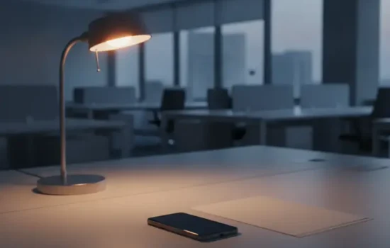 טלפון עם מסך כבוי על שולחן עבודה במשרד ריק