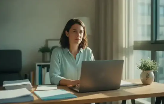 אישה בשנות השלושים לחייה יושבת ליד שולחן עבודה ביתי בשעת אחר הצהריים עם מחשב נייד סגור ומבט של תכנון קדימה, בהקשר של שיקום מקצועי מביטוח לאומי
