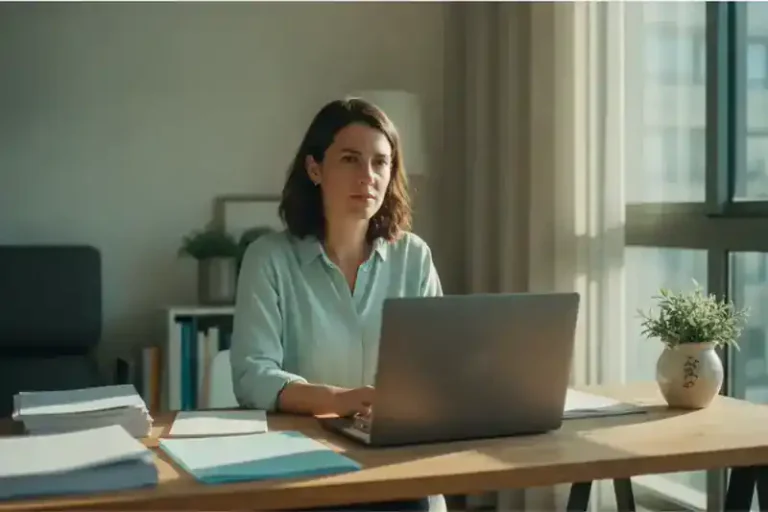 אישה בשנות השלושים לחייה יושבת ליד שולחן עבודה ביתי בשעת אחר הצהריים עם מחשב נייד סגור ומבט של תכנון קדימה, בהקשר של שיקום מקצועי מביטוח לאומי