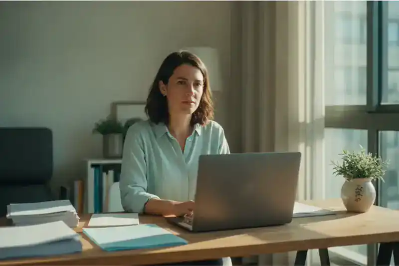 אישה בשנות השלושים לחייה יושבת ליד שולחן עבודה ביתי בשעת אחר הצהריים עם מחשב נייד סגור ומבט של תכנון קדימה, בהקשר של שיקום מקצועי מביטוח לאומי