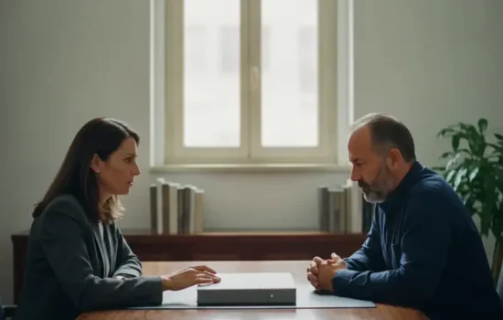 עורך דין ולקוח יושבים משני צדי שולחן עץ במשרד בשעות היום בשיחה עניינית ורצינית