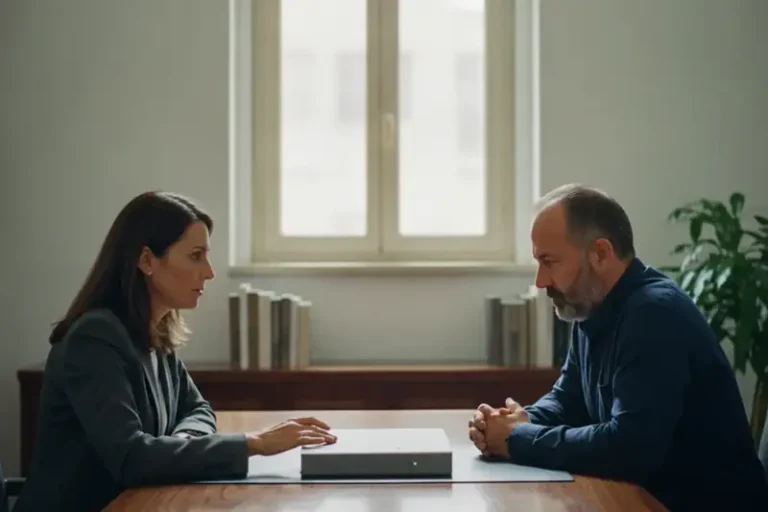 עורך דין ולקוח יושבים משני צדי שולחן עץ במשרד בשעות היום בשיחה עניינית ורצינית