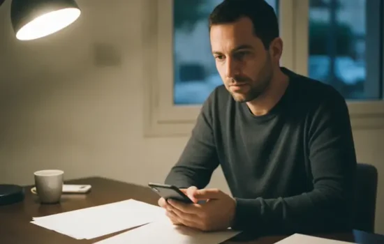 גבר יושב לשולחן בערב עם מנורה דולקת ומחזיק טלפון נייד, לאחר קבלת הודעות איום בוואטסאפ
