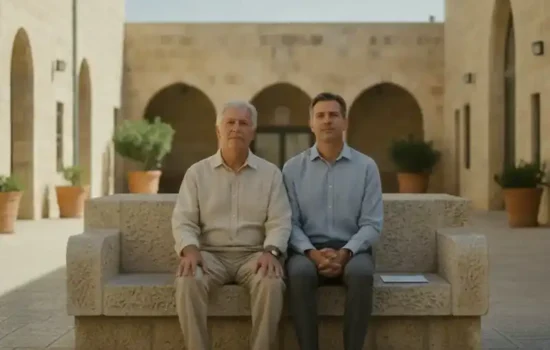 הורה מבוגר ובן בוגר יושבים על ספסל אבן בחצר שטופת שמש