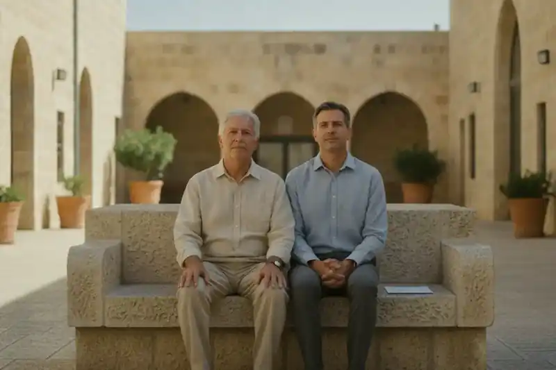 הורה מבוגר ובן בוגר יושבים על ספסל אבן בחצר שטופת שמש