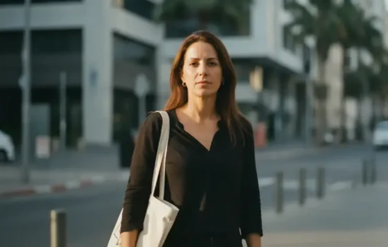 מועמדת עומדת ברחוב עירוני מול בניין משרדים אחרי שהצעת העבודה שקיבלה בוטלה