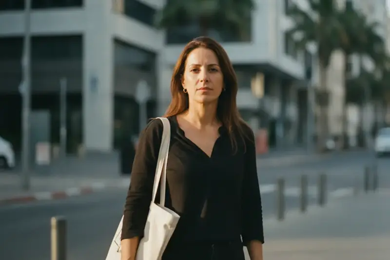 מועמדת עומדת ברחוב עירוני מול בניין משרדים אחרי שהצעת העבודה שקיבלה בוטלה