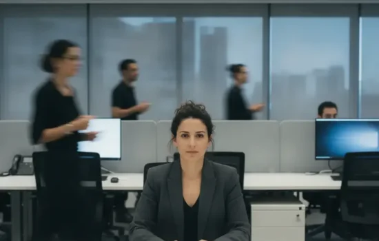 עובדת יושבת בעמדתה במשרד פתוח בעוד עמיתים מטושטשים ברקע
