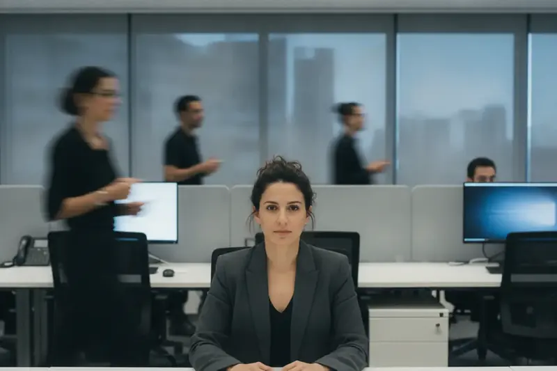 עובדת יושבת בעמדתה במשרד פתוח בעוד עמיתים מטושטשים ברקע