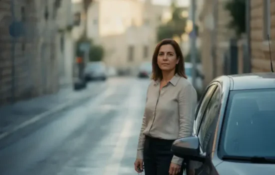 נהגת עומדת ליד רכב חונה ברחוב עירוני צר באור בוקר, בהקשר של נהיגה נגד כיוון התנועה ברחוב חד סטרי