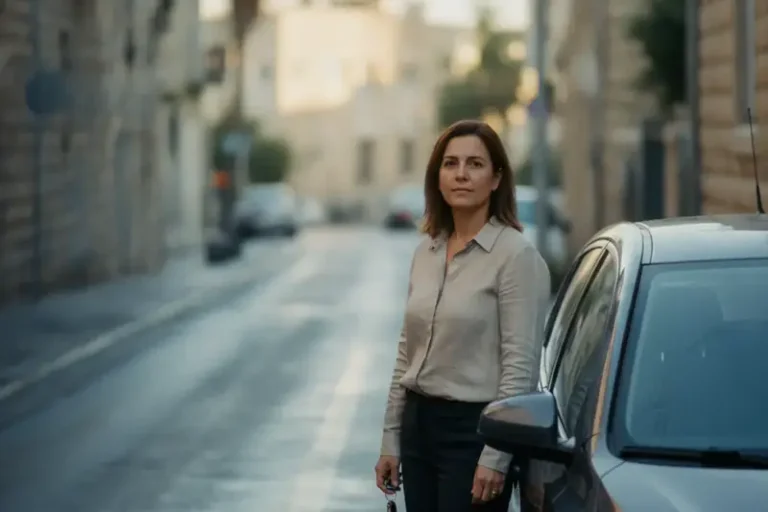 נהגת עומדת ליד רכב חונה ברחוב עירוני צר באור בוקר, בהקשר של נהיגה נגד כיוון התנועה ברחוב חד סטרי