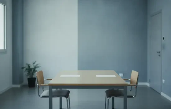חדר חקירות ריק עם שולחן ושני כיסאות