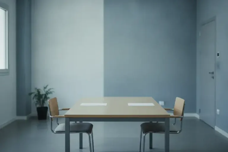 חדר חקירות ריק עם שולחן ושני כיסאות