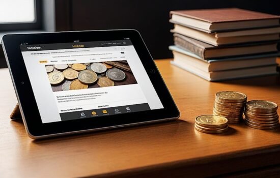 ממשק אפליקציית Booking.com על טאבלט, מטבעות זרים וזכוכית מגדלת על מדף עץ