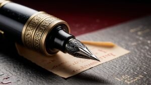 נוצת עט קלאסית על נייר טקסטורה, חותמת עורך דין, הדגשה בצבע אדום עז