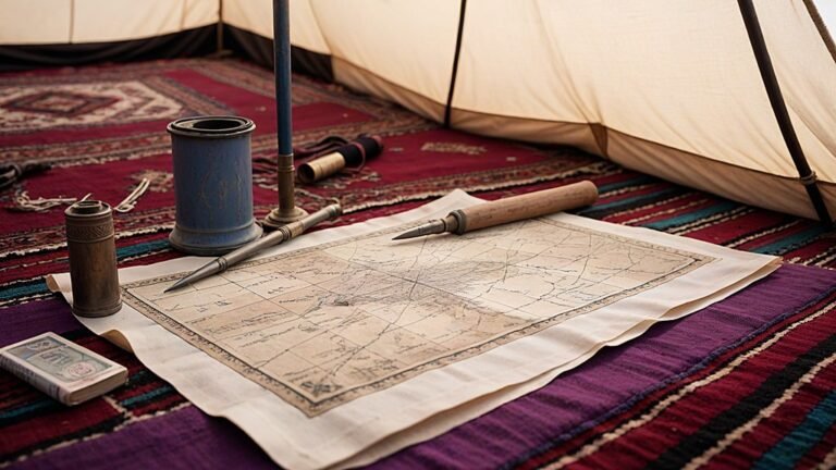 מפה ישנה פרושה על שטיח אדום בתוך אוהל, לצד כלי מתכת, מקל עץ וקופסאות פח